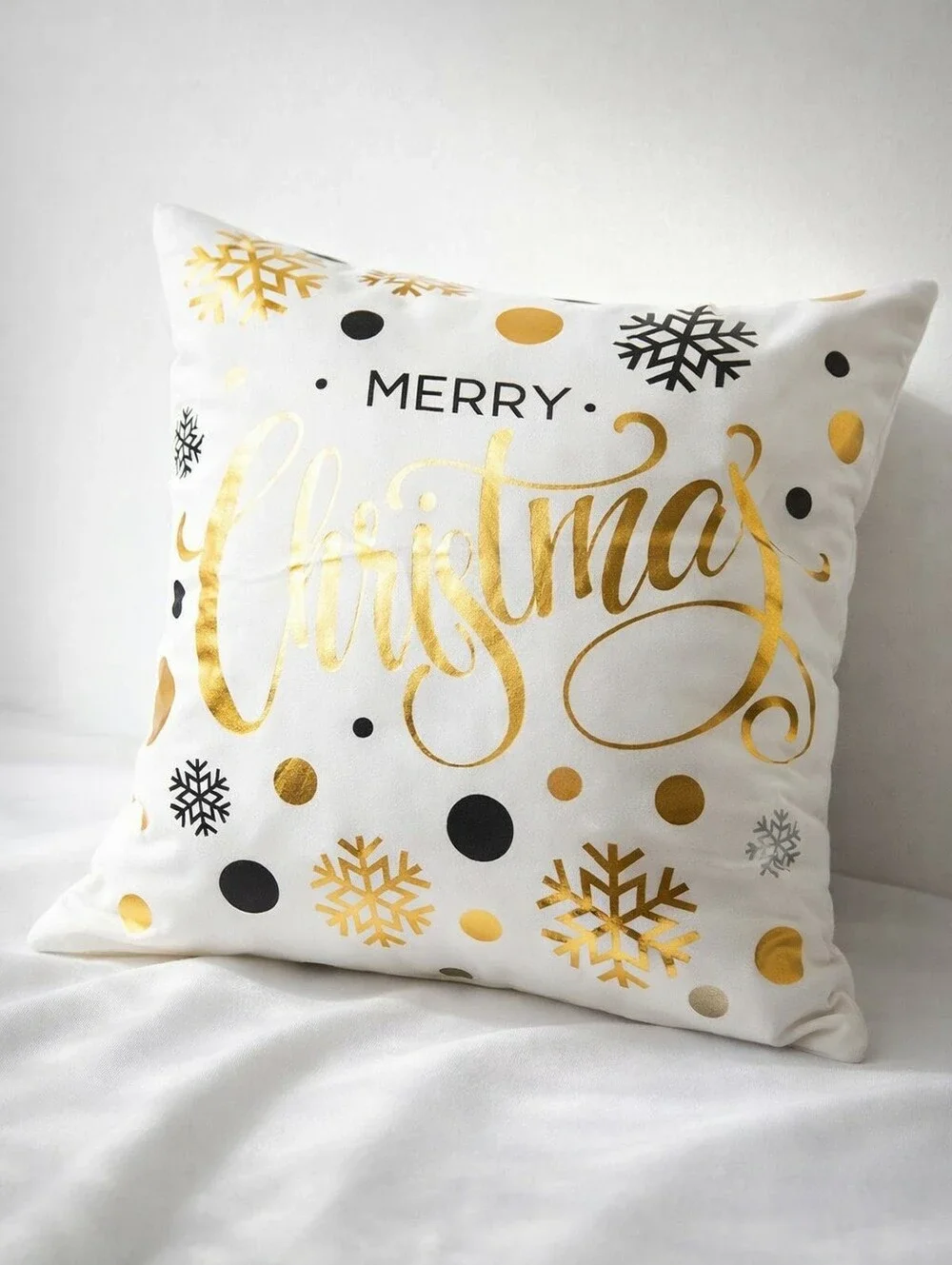 Contemporary Christmas Pillow Cover • Snowflake Polkadot Black Silver Gold Glam